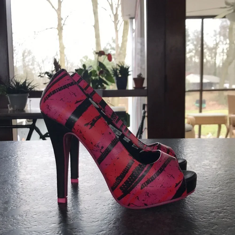 Abbey Dawn Zip It Platforms in Hot Pink with red and black accents BNIB